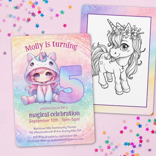 Invitation Rainbow magique chibi fille Unicorn 5e anniversair