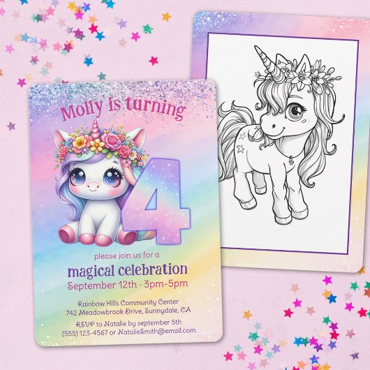 Invitation Rainbow magique Unicorn 4e anniversaire