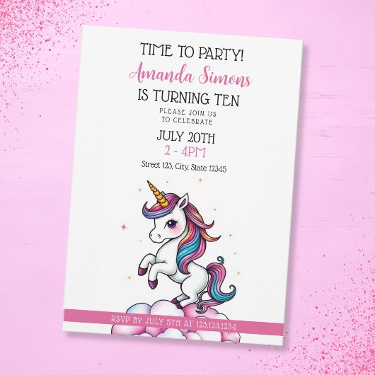 Invitation Rainbow Mane Sparkle Unicorn Girl 10th Birthday