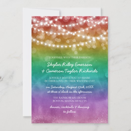 Invitation Rainbow Ombre String Lights Mariage gay (Devant)
