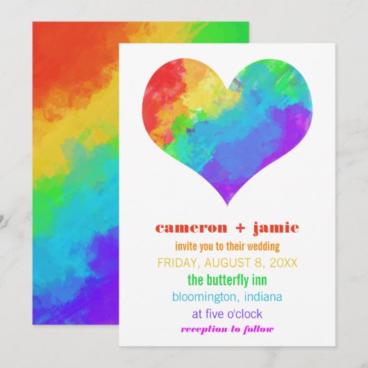 Invitation Rainbow Paint Heart Gay Lesbian Mariage (Devant / Derrière)