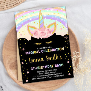 Invitation Rainbow Parties scintillant Black Unicorn Invitati