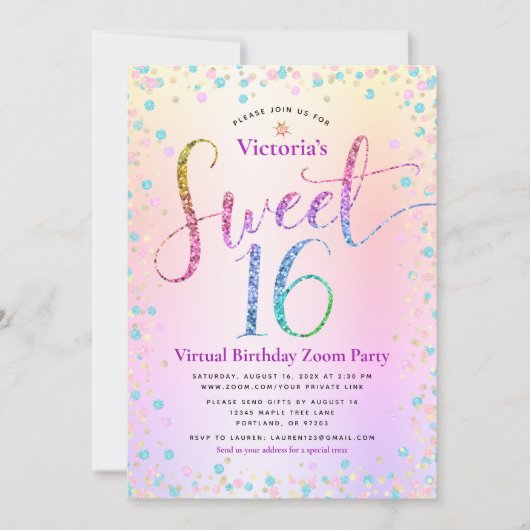 Invitation Rainbow Parties scintillant Ombre Virtual Sweet 16 (Devant)