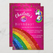 Invitation Rainbow Parties scintillant rose Unicorne fête d'a (Devant / Derrière)
