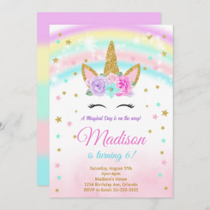 Invitation Rainbow Parties scintillant Stars Unicorn Invitati