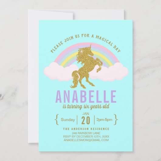 Invitation Rainbow Parties scintillant Unicorn Anniversaire F (Devant)
