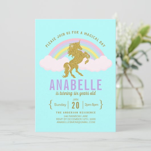 Invitation Rainbow Parties scintillant Unicorn Anniversaire F (Debout devant)