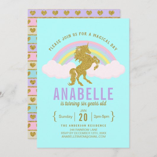 Invitation Rainbow Parties scintillant Unicorn Anniversaire F (Devant / Derrière)