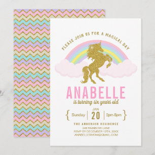 Invitation Rainbow Parties scintillant Unicorn Anniversaire F