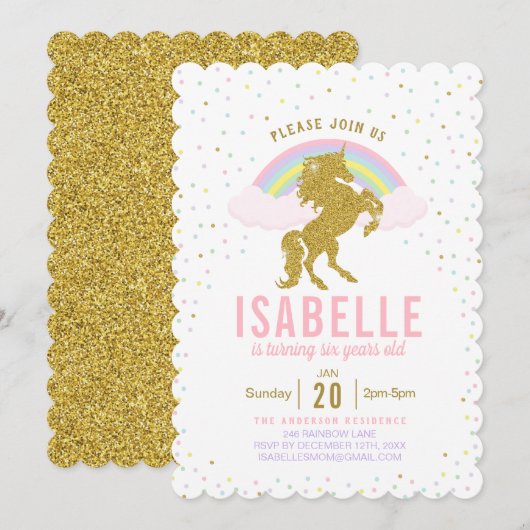 Invitation Rainbow Parties scintillant Unicorn Anniversaire F (Devant / Derrière)
