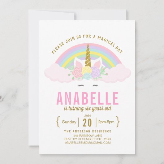 Invitation Rainbow Parties scintillant Unicorn Anniversaire F (Devant)