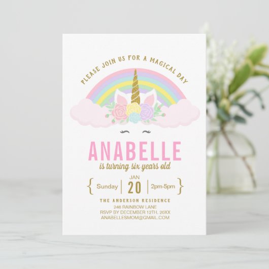 Invitation Rainbow Parties scintillant Unicorn Anniversaire F (Debout devant)