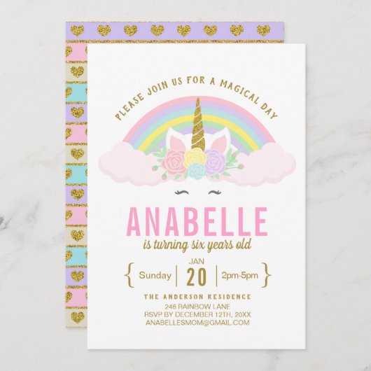 Invitation Rainbow Parties scintillant Unicorn Anniversaire F (Devant / Derrière)