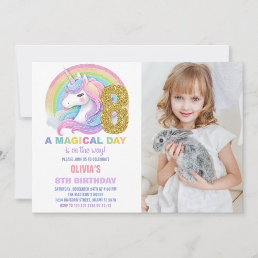 Invitation Rainbow Parties scintillant Unicorn Anniversaire I (Devant)