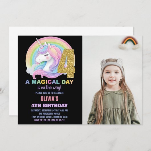 Invitation Rainbow Parties scintillant Unicorn Anniversaire I (Devant / Derrière)