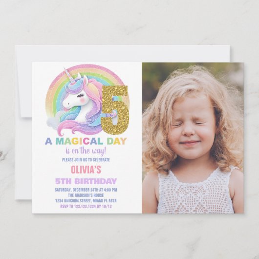 Invitation Rainbow Parties scintillant Unicorn Anniversaire I (Devant)