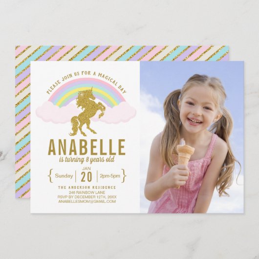 Invitation Rainbow Parties scintillant Unicorn Photo Annivers (Devant / Derrière)