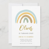 Invitation Rainbow Pastel Boho Muet Blue Boy Premier annivers (Devant)