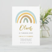 Invitation Rainbow Pastel Boho Muet Blue Boy Premier annivers (Debout devant)