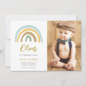 Invitation Rainbow Pastel Boho Muet Blue Boy Premier annivers (Devant)