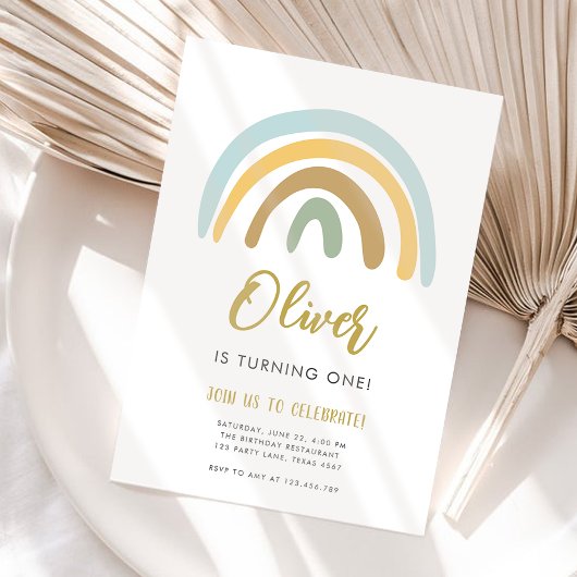 Invitation Rainbow Pastel Boho Muet Blue Boy Premier annivers