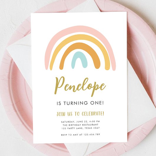 Invitation Rainbow Pastel Boho Muted Rose Girl Premier annive