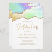 Invitation Rainbow Pastel Gold Agate Geode Toute année Annive (Devant / Derrière)