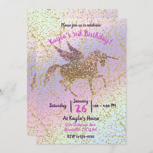 Invitation Rainbow Pastel Gold Parties scintillant Unicorn An (Devant / Derrière)