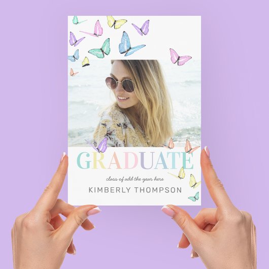 Invitation Rainbow Pastel Papillons Photo Graduation Party