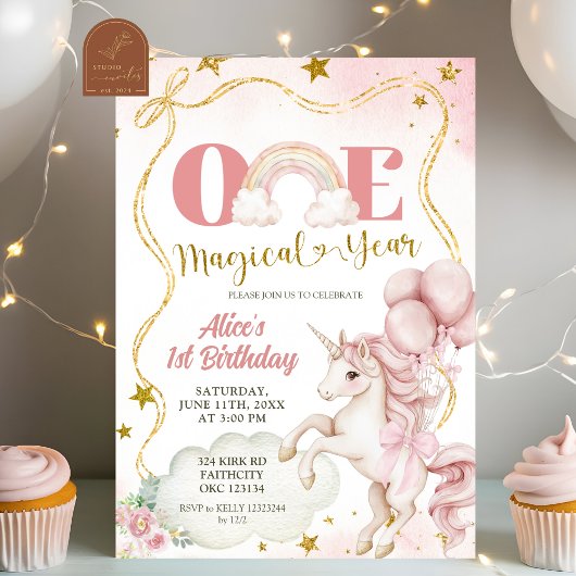 Invitation Rainbow Pastel Unicorn One Magical Year Birthday