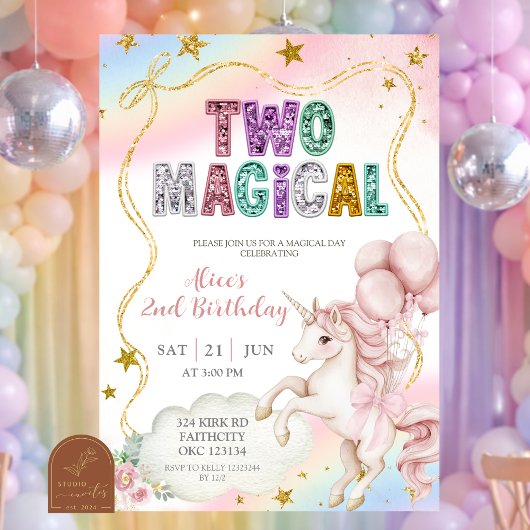 Invitation Rainbow Pastel Unicorn Two Magical 2nd birthday In
