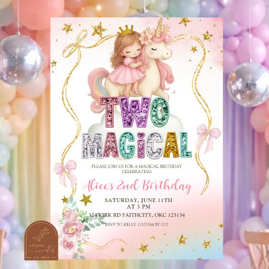 Invitation Rainbow Pastel Unicorn TWO Magical Birthday Invita