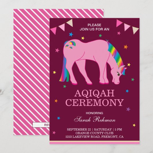 Invitation Rainbow Pony Baby Girl Aqiqah (Devant / Derrière)