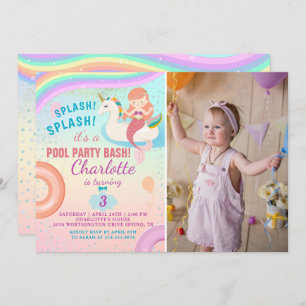 Invitation Rainbow Pool Party Unicorn Mermaid Birthday Photo