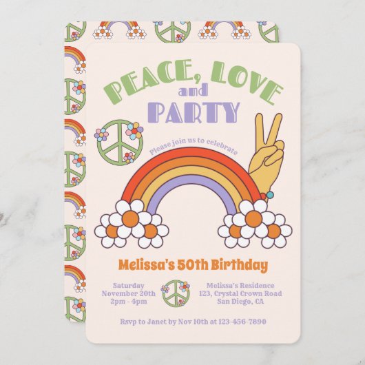 Invitation Rainbow Retro Hippie Paix & Amour Anniversaire (Devant / Derrière)