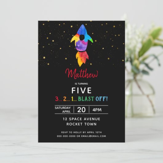 Invitation Rainbow Rocket Ship Exterspace Anniversaire (Debout devant)