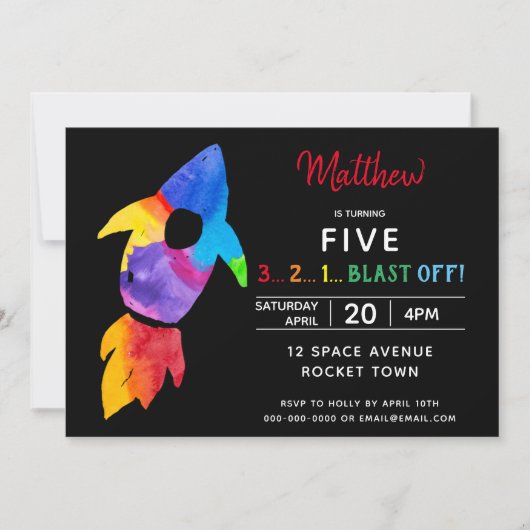 Invitation Rainbow Rocket Ship Exterspace Anniversaire (Devant)