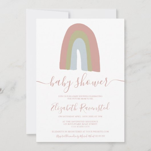 Invitation Rainbow script calligraphie baby shower neutre (Devant)