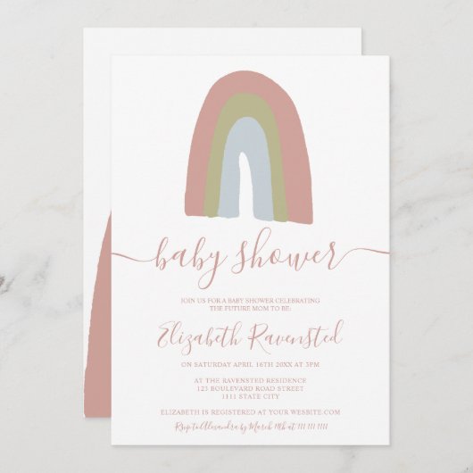 Invitation Rainbow script calligraphie baby shower neutre (Devant / Derrière)