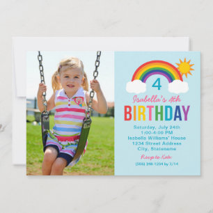Invitation Rainbow Sky Blue Photo Girls Anniversaire