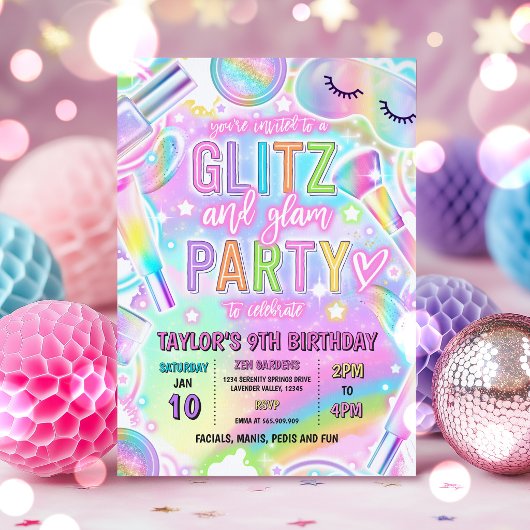 Invitation Rainbow Spa Party Glow Makeup Pamper Birthday