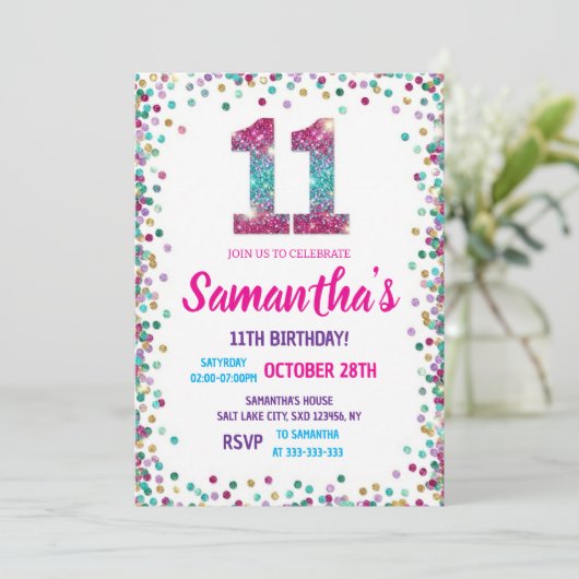 Invitation Rainbow Sparkle Glitter 11th Birthday Party  (Debout devant)