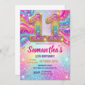 Invitation Rainbow Sparkle Glitter 11th Birthday Party (Devant / Derrière)