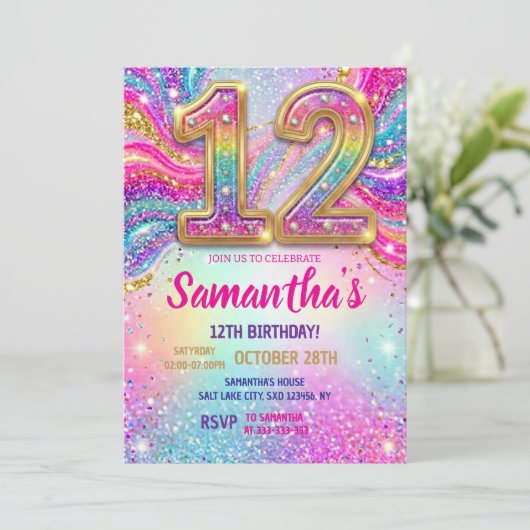 Invitation Rainbow Sparkle Glitter 12th Birthday Party (Debout devant)