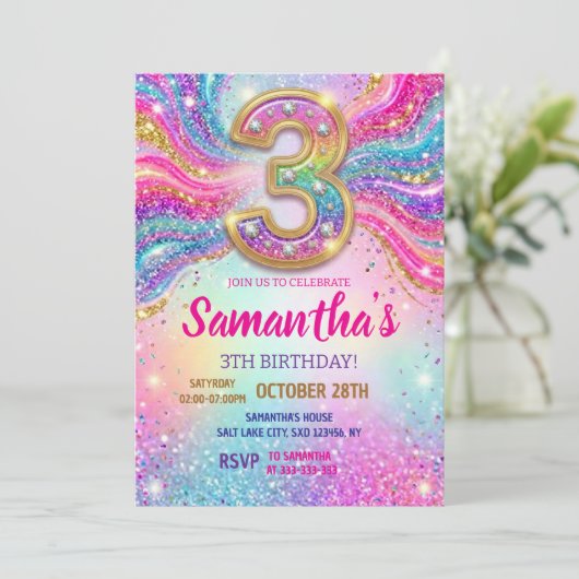 Invitation Rainbow Sparkle Glitter 3th Birthday Party (Debout devant)
