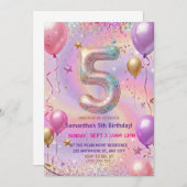 Invitation Rainbow Sparkle Glitter 5th Birthday Party (Devant / Derrière)