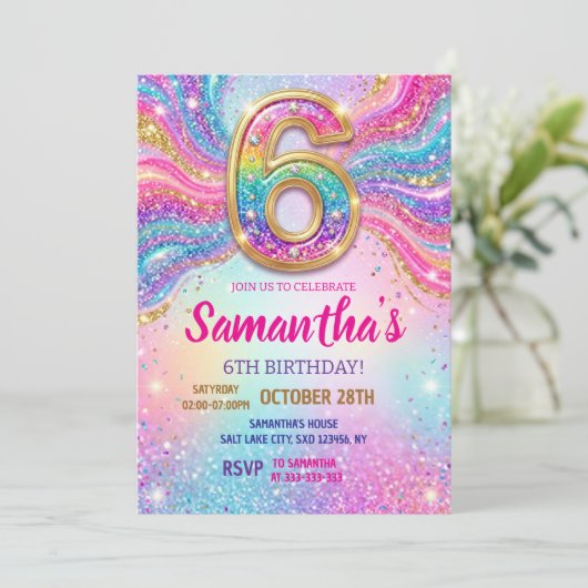 Invitation Rainbow Sparkle Glitter 6th Birthday Party (Debout devant)