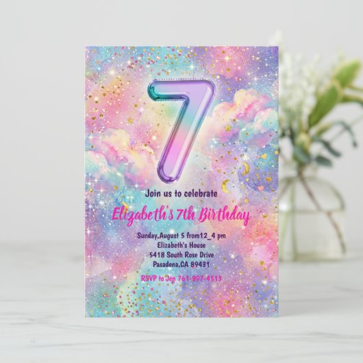Invitation Rainbow Sparkle Glitter 7th Birthday Party (Debout devant)