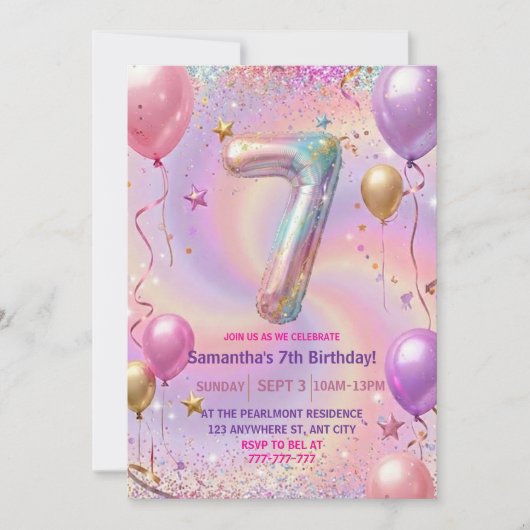 Invitation Rainbow Sparkle Glitter 7th Birthday Party (Devant)