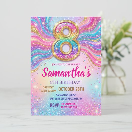 Invitation Rainbow Sparkle Glitter 8th Birthday Party (Debout devant)